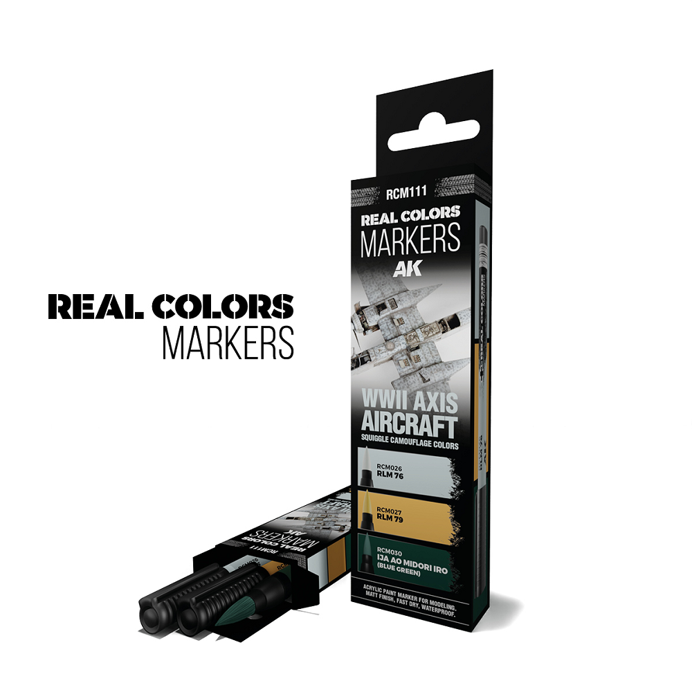WWII Axis Aircraft Squiggle Camouflage Colours – RC Markers Set. Features RLM 76, RLM 79, and Ao Midori Iro (Blue Green) acrylic markers for detailed modelling.