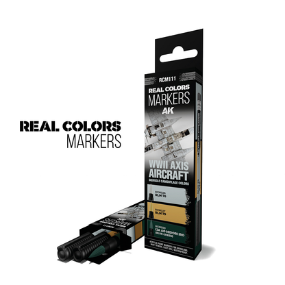 WWII Axis Aircraft Squiggle Camouflage Colours – RC Markers Set. Features RLM 76, RLM 79, and Ao Midori Iro (Blue Green) acrylic markers for detailed modelling.