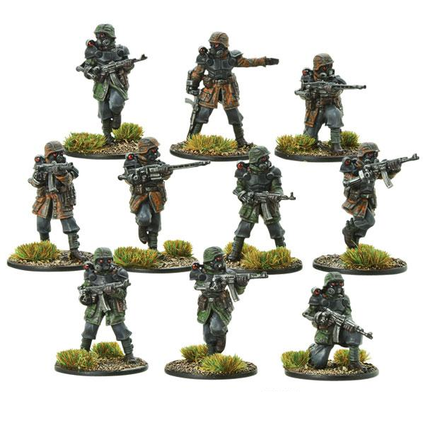 A set of ten Konflikt 47 28mm metal miniatures representing Waffen-SS Shocktroopers, equipped with exoskeletons, Stg44 rifles, MG44 machine guns, and advanced night vision gear.
