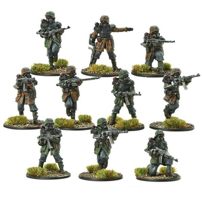 A set of ten Konflikt 47 28mm metal miniatures representing Waffen-SS Shocktroopers, equipped with exoskeletons, Stg44 rifles, MG44 machine guns, and advanced night vision gear.