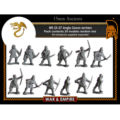 War & Empire Saxon Archers 15mm scale metal miniatures (WE-SX07), unpainted infantry figures for historical wargames, Saxon armies, and dioramas.