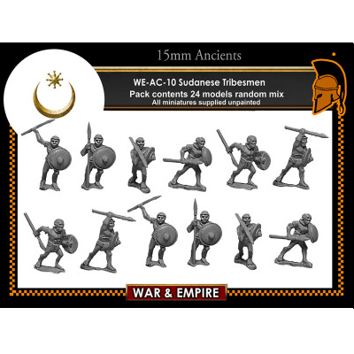 War & Empire Sudanese Tribesmen Spears 15mm scale metal miniatures (WE-AC10), unpainted figures for Sudanese-themed historical wargames and dioramas.