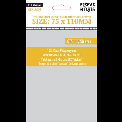 A retail package of 110 clear polypropylene sleeve cards for War Hammer Quest, size 75 x 110mm, branded Sleeve King 5. The packaging is white with yellow and black text and a pink decorative line. War Hammer Quest Compatible Sleeves