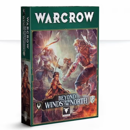 Close-up of painted Warcrow: Beyond Winds from the North miniatures, showcasing detailed characters with weapons and armor on textured bases.