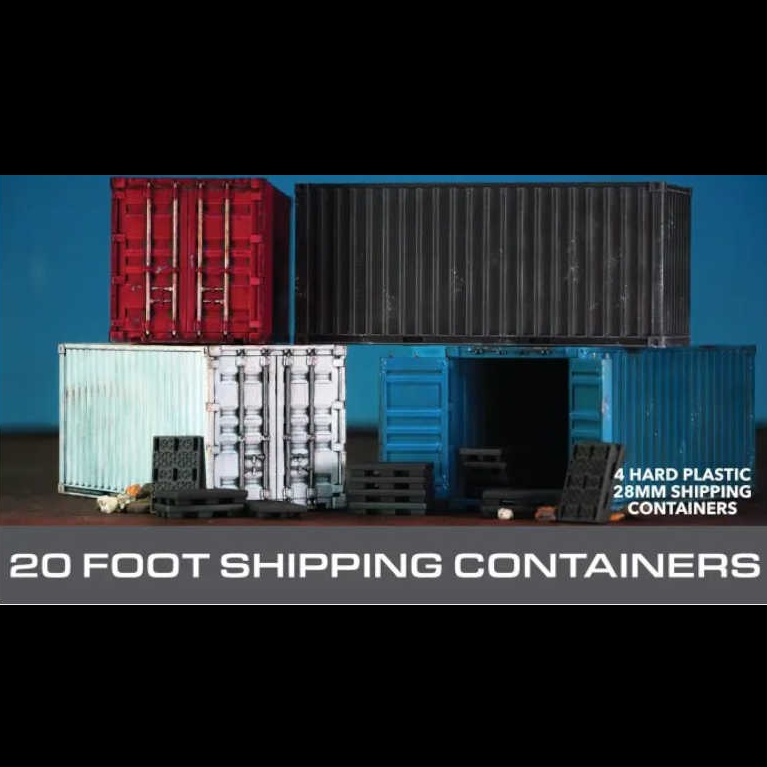 Four miniature 20-foot hard plastic shipping containers in red, black, white, and blue, arranged on a dark surface against a blue background, with text overlays describing the product. Wargames Atlantic 20 Foot Shipping Containers 1:56 scale hard plastic tabletop terrain set with pallets