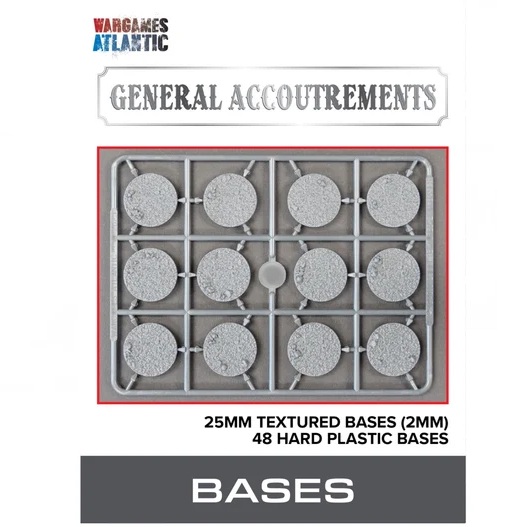 Wargames Atlantic 'General Accoutrements' plastic base tray featuring 12 textured 25mm (1mm) hard plastic bases on a white background with product text. Wargames Atlantic 25mm Texture Bases with 2mm height and textured surface