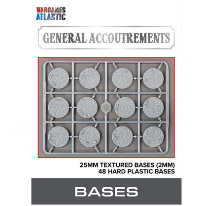 Wargames Atlantic 'General Accoutrements' plastic base tray featuring 12 textured 25mm (1mm) hard plastic bases on a white background with product text. Wargames Atlantic 25mm Texture Bases with 2mm height and textured surface