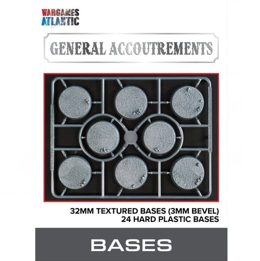WarGames Atlantic General Accoutrements plastic bases packaging card showing a 32mm textured base tray with 24 hard plastic bases on a white background. Wargames Atlantic 32mm Textured Bases with 3mm bevelled edge for tabletop gaming miniatures