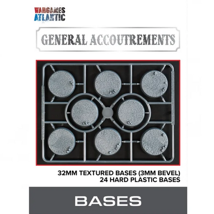 WarGames Atlantic General Accoutrements plastic bases packaging card showing a 32mm textured base tray with 24 hard plastic bases on a white background. Wargames Atlantic 32mm Textured Bases with 3mm bevelled edge for tabletop gaming miniatures