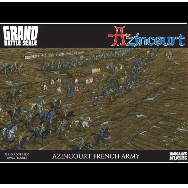 Wargames Atlantic Azincourt French Army hard plastic miniatures. 10mm grand battle scale set with knights, cavalry, crossbowmen, and bases.