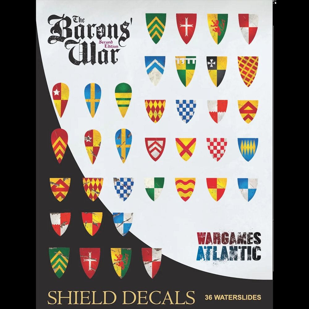 Barons’ War Shield Decals by Wargames Atlantic – 36 pre-cut heraldic transfers including historical designs and battle-damaged variants
