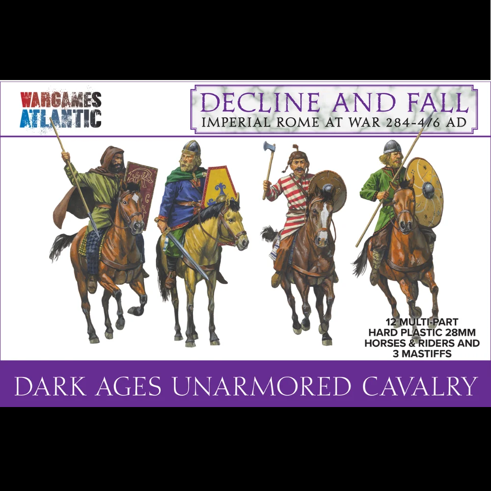Front cover of a War Games Atlantic miniatures kit titled 'Decline and Fall: Imperial Rome at War 284-476 AD', showing four illustrated unarmoured cavalry figures on horses with shields and spears against a white background with purple text bands. Wargames Atlantic Dark Ages Unarmoured Cavalry 12 28mm horses and riders with 3 mastiffs