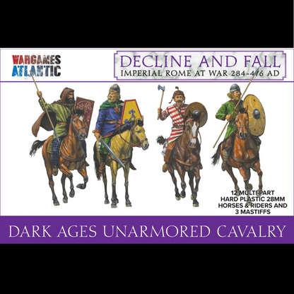 Front cover of a War Games Atlantic miniatures kit titled 'Decline and Fall: Imperial Rome at War 284-476 AD', showing four illustrated unarmoured cavalry figures on horses with shields and spears against a white background with purple text bands. Wargames Atlantic Dark Ages Unarmoured Cavalry 12 28mm horses and riders with 3 mastiffs
