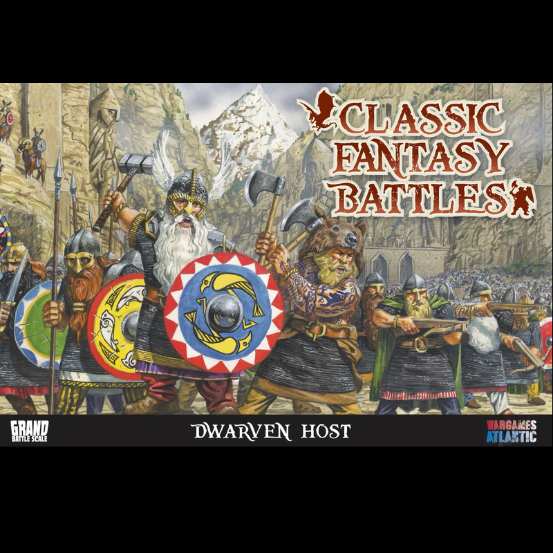 Wargames Atlantic Dwarven Host. Fantasy battle scene with dwarven warriors and 'Classic Fantasy Battles' text.