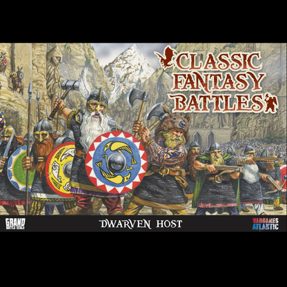Wargames Atlantic Dwarven Host. Fantasy battle scene with dwarven warriors and 'Classic Fantasy Battles' text.