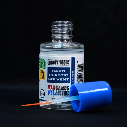 Wargames Atlantic Hard Plastic Solvent 30ml  HIPS Plastic Cement. open bottle and brush on show