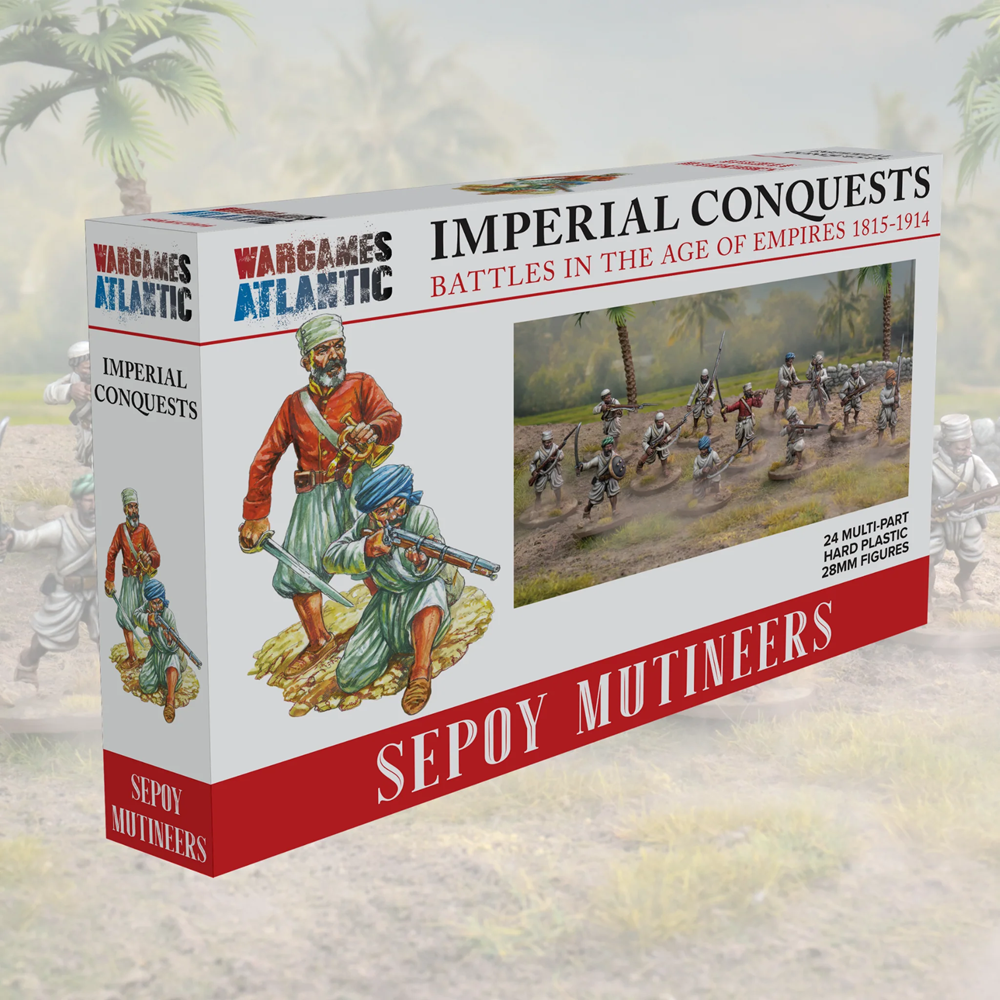 Wargames Atlantic 'Imperial Conquests: Sepoy Mutineers' box set shown at a three-quarter angle against a blurred historical battle scene background. Wargames Atlantic Sepoy Mutineers 28mm hard plastic infantry figures