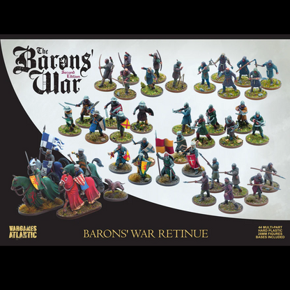 Warlord Games 'The Barons' War Second Edition Barons' War Retinue set, featuring multiple painted fantasy miniatures on round bases with flags and terrain, displayed on a black and white graphic background. Wargames Atlantic The Barons' War Retinue Box 28mm hard plastic medieval miniatures