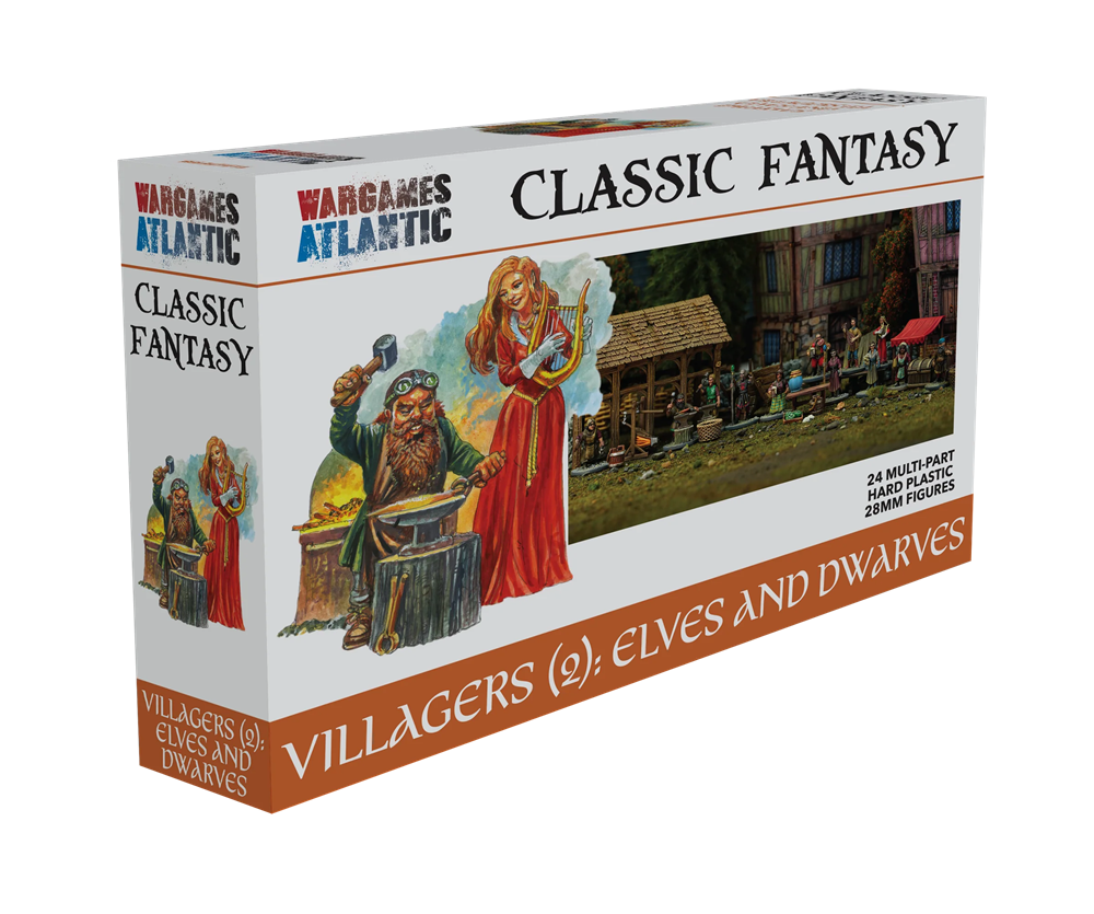 Wargames Atlantic Classic Fantasy 'Villagers (Q): Elves and Dwarves' 20mm figure kit box, featuring fantasy artwork of a bearded man and a woman in a village scene. Wargames Atlantic Villagers 2 Elves and Dwarves 24 28mm fantasy miniatures