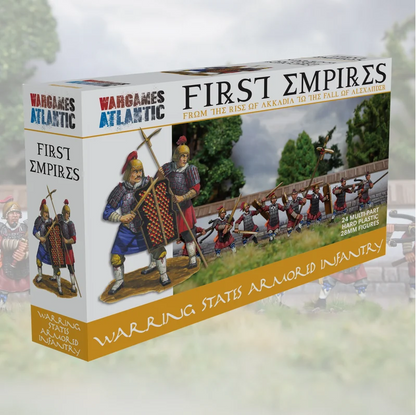 Boxed tabletop wargaming miniatures titled "First Empires" from the WarGames Atlantic line, shown at a slight angle with the front and side panels visible against a blurred outdoor scene featuring soldiers and trees. Wargames Atlantic Warring States Armored Infantry 28mm hard plastic figures
