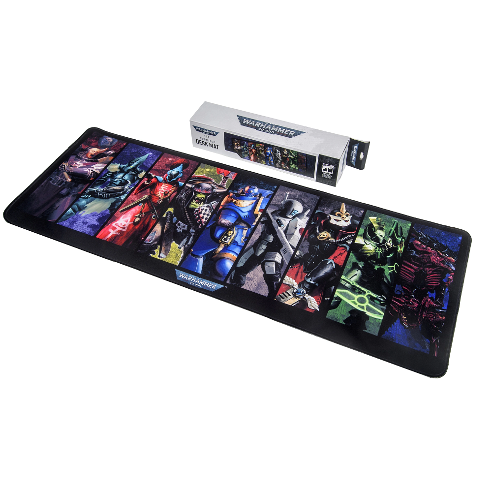 Warhammer 40000: Era Indomitus Desk Mat features faction artwork from the Indomitus Crusade. Size: 80cm x 30cm x 3mm, made of waterproof fibre and rubber.
