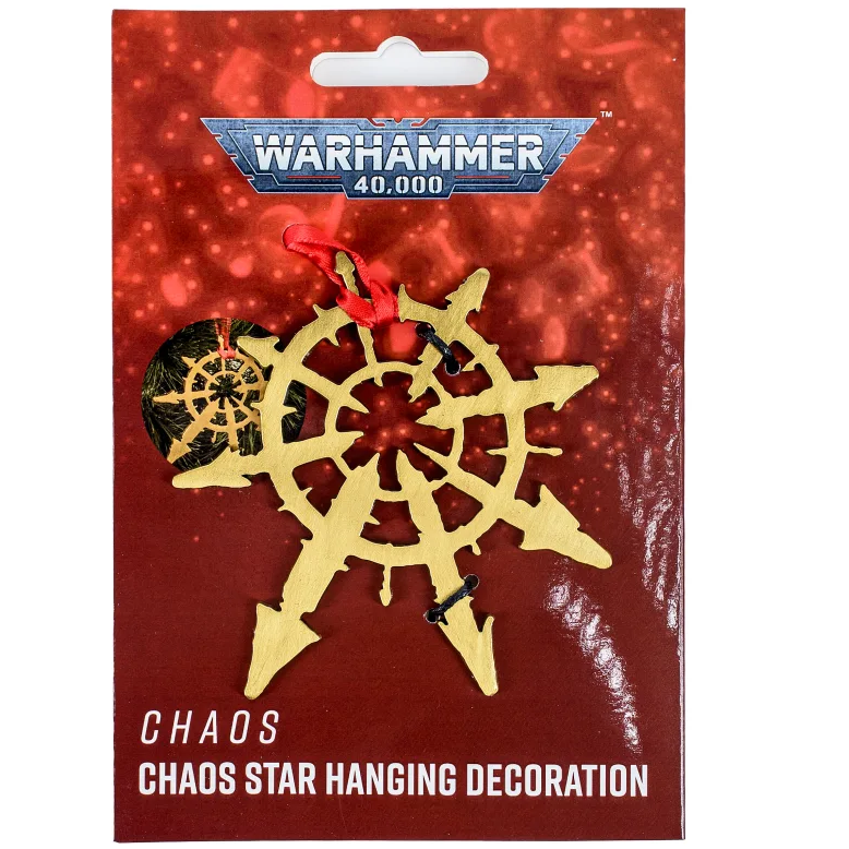 Metal Warhammer 40,000 Chaos Star Christmas tree decoration with detailed Dark Gods symbol