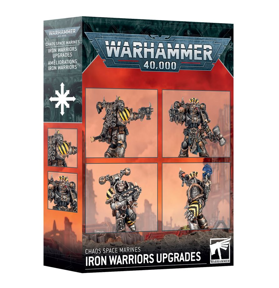 Warhammer 40,000 Chaos Space Marines Iron Warriors Upgrades packaging on a white background. Warhammer 40,000 Iron Warriors Upgrades plastic upgrade kit
