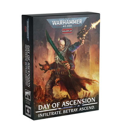 Warhammer 40,000 Roleplay game box titled 'Day of Ascension' on a white background. Warhammer 40,000 Roleplay: Day of Ascension Card Game