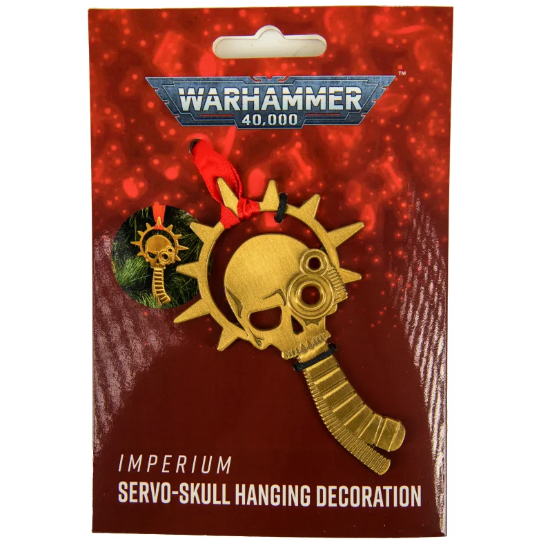 Warhammer 40,000 hanging decoration featuring a detailed servo skull with a halo