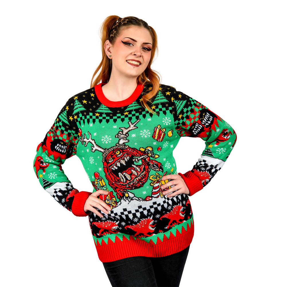 Warhammer 40K Squig Christmas Jumper XL featuring festive red and green squig design with teeth and presents, officially licensed gaming apparel.
