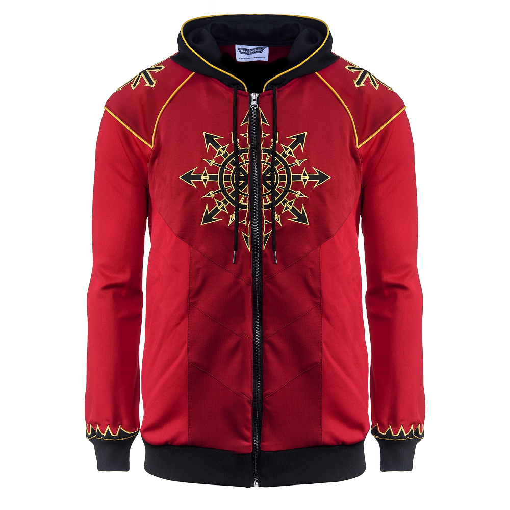 Warhammer 40,000 Chaos Hoodie (Size XL) in Khorne Red, featuring the Star of Chaos and Chaos Space Marines icons. Zip-up with a drawstring hood.
