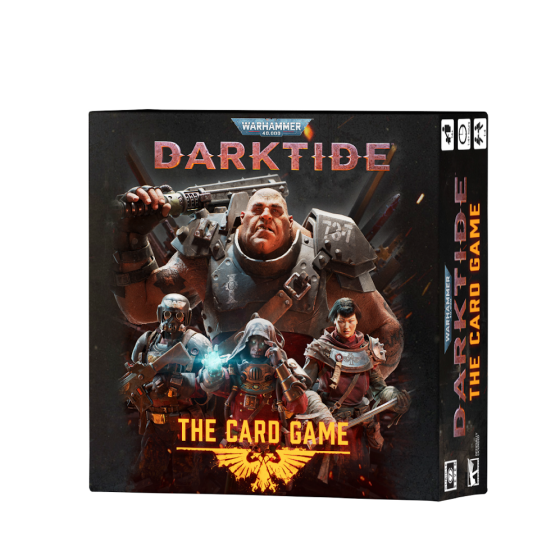 Warhammer 40k Darktide: The Card Game board game box shown at a three-quarter angle on a plain white background. Warhammer 40,000 Darktide: The Card Game