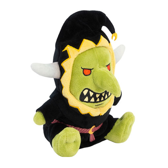 Gloomspite Git Plush Warhammer Age Of Sigmar. Plush toy resembling a green creature with a black hat on a white background