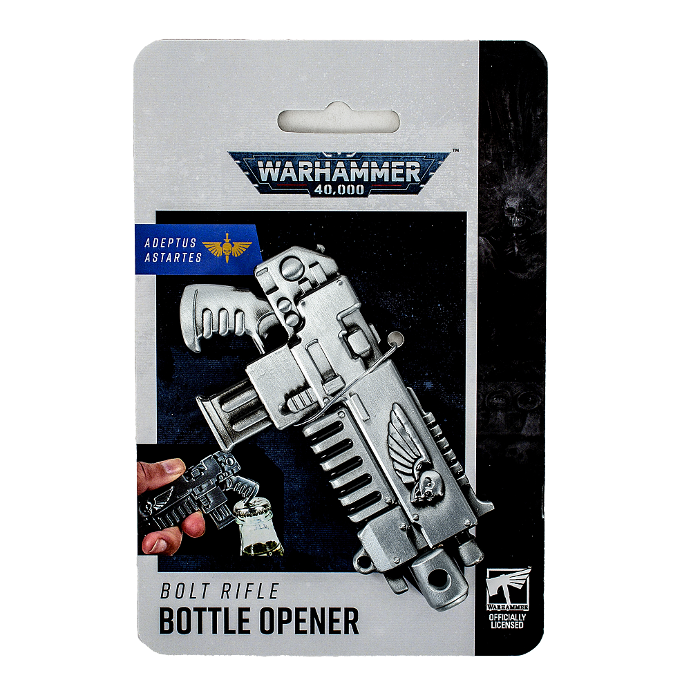 An officially licensed Warhammer Bolt Rifle bottle opener fashioned in the likeness of the iconic space marine Bolt Rifle on a backing card for retail 