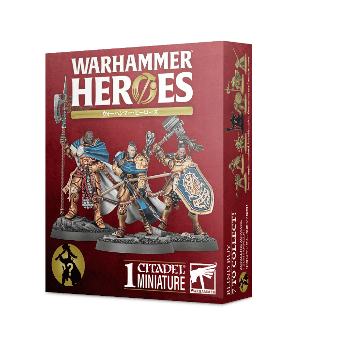 A blind box containing one unpainted Citadel miniature from the Warhammer Heroes Stormcast Eternals series, designed for easy assembly and collection.