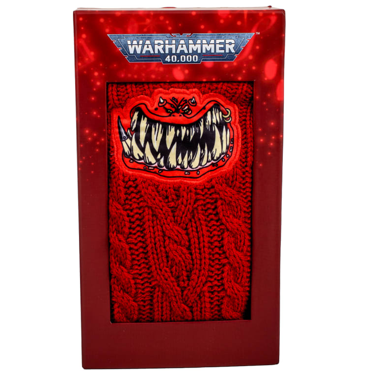 Warhammer Red Squig Slipper Socks with sherpa lining and non-slip sole, featuring appliqued squig design. One size.