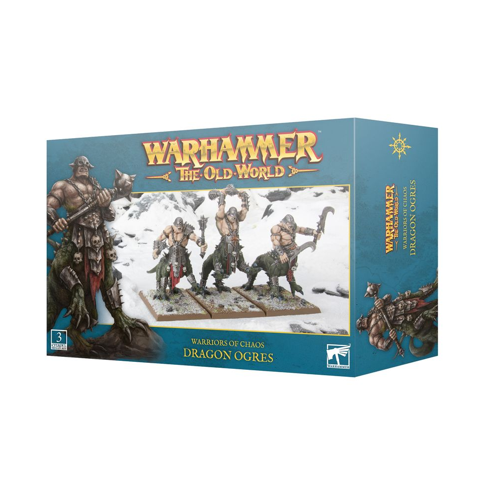 Warhammer 40k Dragon Ogres miniatures box set from Warhammer: The Old World, featuring illustrated box art of the dragon ogre and painted figures on a teal-blue background. Warhammer The Old World Dragon Ogres Chaos plastic miniatures