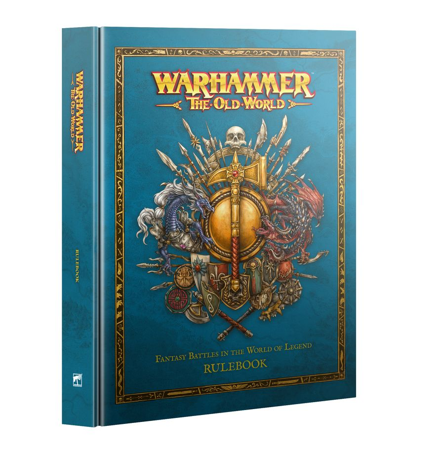 Warhammer 40k The Old World: Fantasy Battles in the World of Legend Rulebook, featuring a teal-blue hardcover with ornate gold borders and a central illustration of a skull, sword, and various fantasy weapons. Warhammer The Old World Rulebook Revised 1st Edition hardback