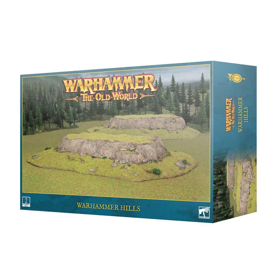 Warhammer The Old World hills kit includes two large plastic hills, unpainted and untextured, designed to add vertical elements and tactical advantages to your battlefield.