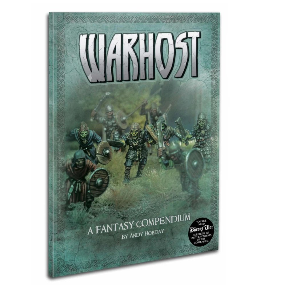Warhost: A Fantasy Supplement for The Barons' War. Fantasy compendium book titled 'Warhost' with warrior illustrations on a white background