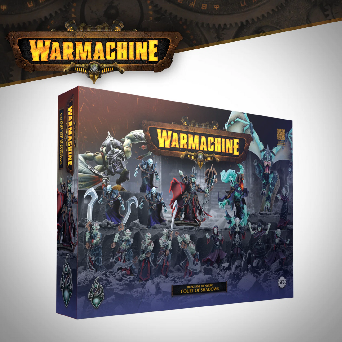 WarMachine tabletop gaming box set titled 'Court of Shadows' shown at an angle against a light gray background with a dark themed WarMachine banner above. Warmachine Dusk Fane of Nyrro Army Box Court of Shadows miniatures