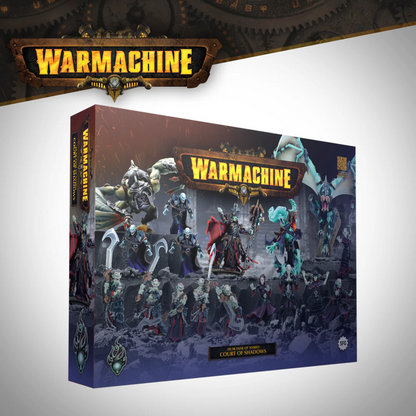 WarMachine tabletop gaming box set titled 'Court of Shadows' shown at an angle against a light gray background with a dark themed WarMachine banner above. Warmachine Dusk Fane of Nyrro Army Box Court of Shadows miniatures
