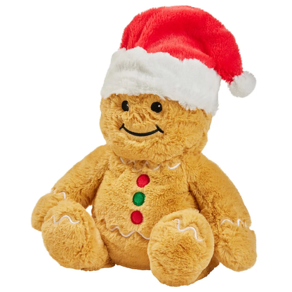 Warmies Gingerbread Man – Christmas Microwavable Lavender Plush Toy. Plush gingerbread man toy wearing a Santa hat on a white background