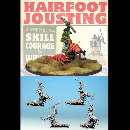 A 28mm scale metal miniature of a Wartnose Jouster riding a centipede, holding a spear high, with the centipede raised to show its front legs and soft underbelly, supplied unpainted with a 60mm round base