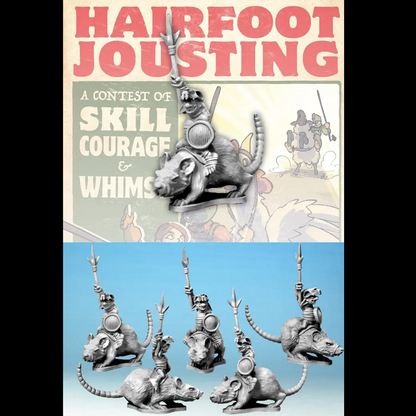 A 28mm scale metal miniature of a Wartnose Jouster riding a rat, holding a round shield and the reins, wearing a skull hat, supplied unpainted with a 60mm round base.