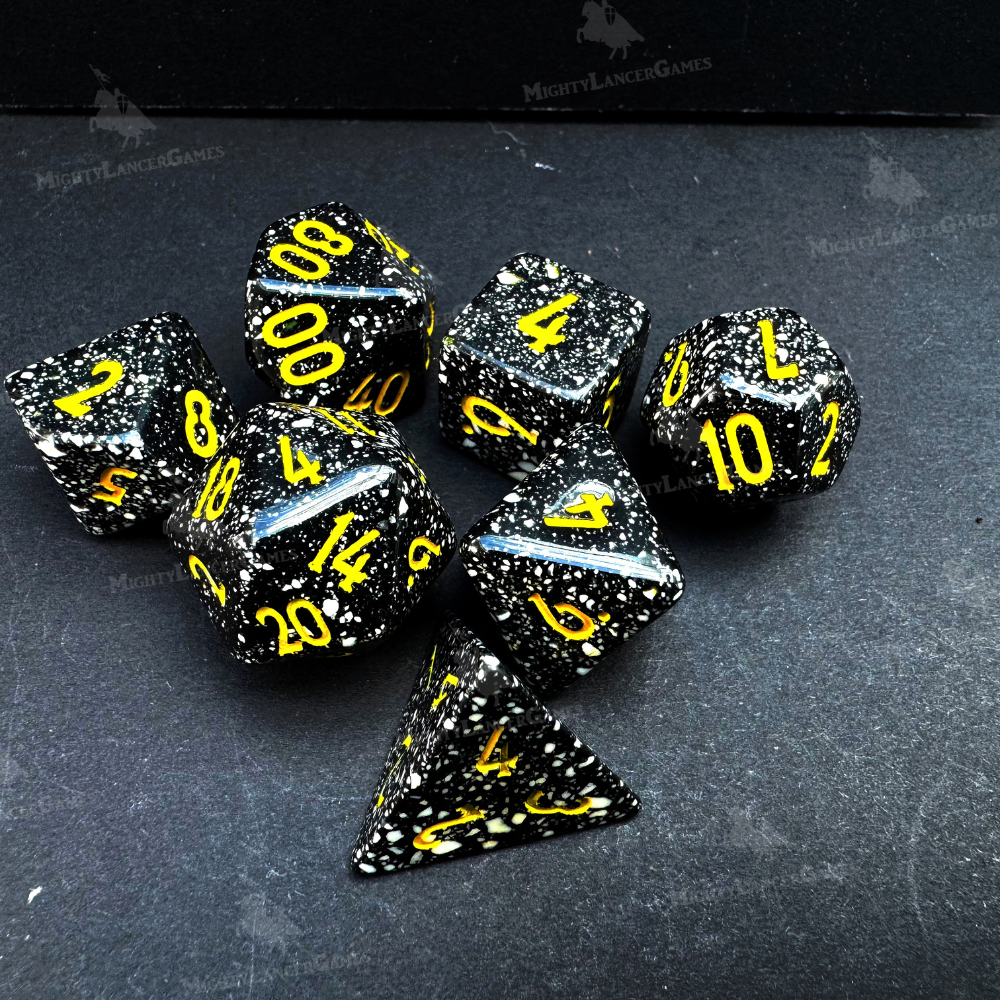 Speckled Black Dice With Yellow Numbers - Retro Poly Legend Dice