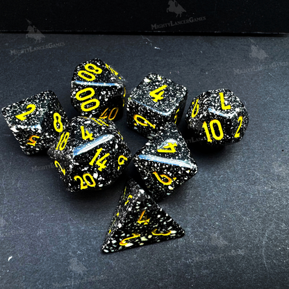 Speckled Black Dice With Yellow Numbers - Retro Poly Legend Dice