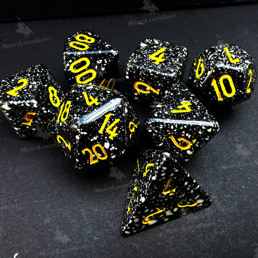Speckled Black Dice With Yellow Numbers - Retro Poly Legend Dice