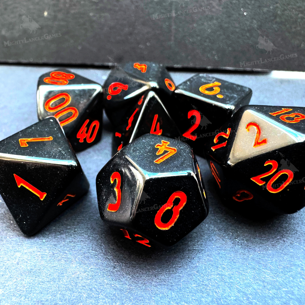 Black Dice With Orange Numbers - Retro Poly Legend Dice