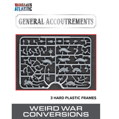 Weird War Conversions: General Accoutrements. Product packaging for 'General Accoutrements' with plastic frames featuring small figures on a white background.